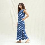 Left View of a Model wearing Indigo Polka Dot Block Printed Cotton Sleeveless Ankle Length Shift Dress