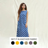 Front View of a Model wearing Indigo Polka Dot Block Printed Cotton Sleeveless Ankle Length Shift Dress