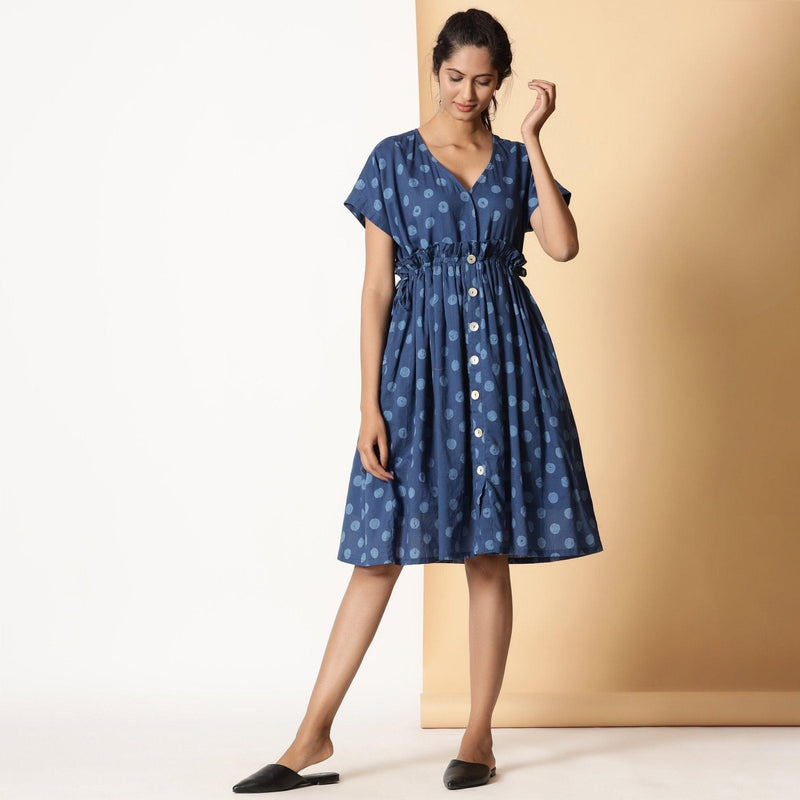 Front View of a Model wearing Indigo Dabu Block Printed Polka Dot Frilled Dress