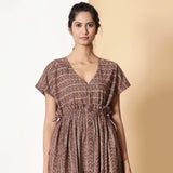 Front View of a Model wearing Kalamkari Chevron Striped Bohemian Frilled Dress