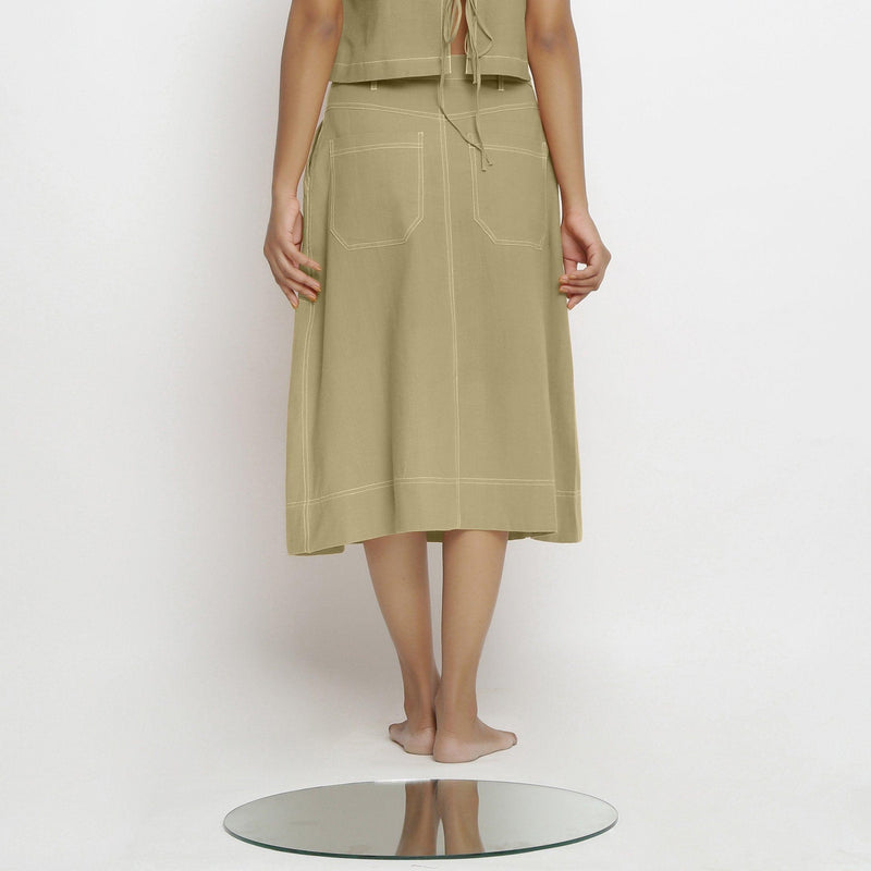 Back View of a Model wearing Khaki Green Vegetable Dyed Button-Down Skirt