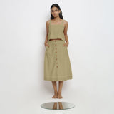 Front View of a Model wearing Khaki Green Vegetable Dyed Button-Down Skirt