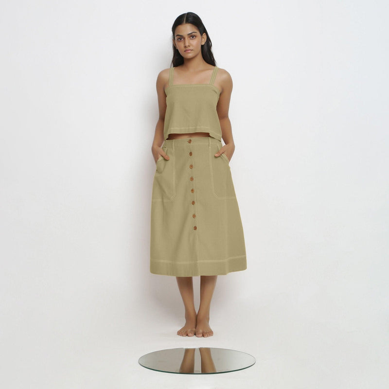 Front View of a Model wearing Khaki Green Vegetable Dyed Button-Down Skirt