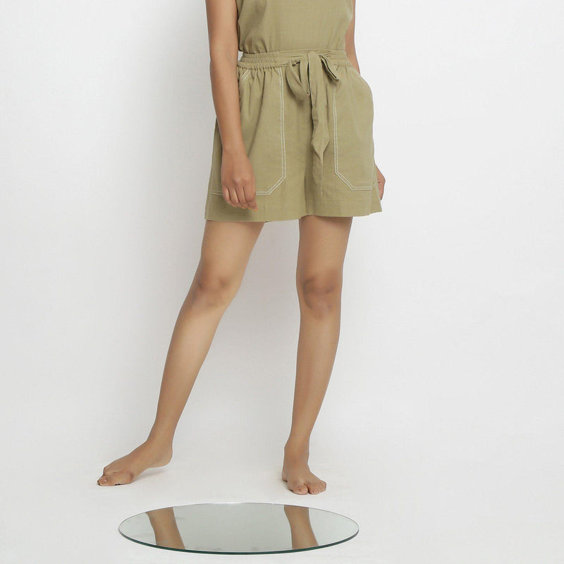 Front View of a Model wearing Khaki Vegetable Dyed Handspun Short Shorts