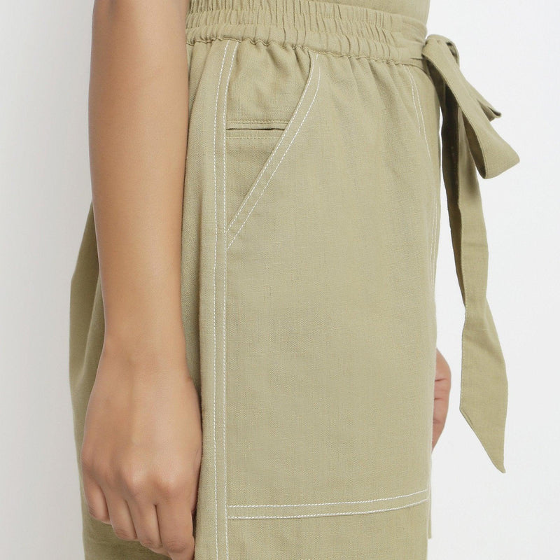 Right Detail of a Model wearing Khaki Green Vegetable Dyed Cotton Elasticated Short Shorts