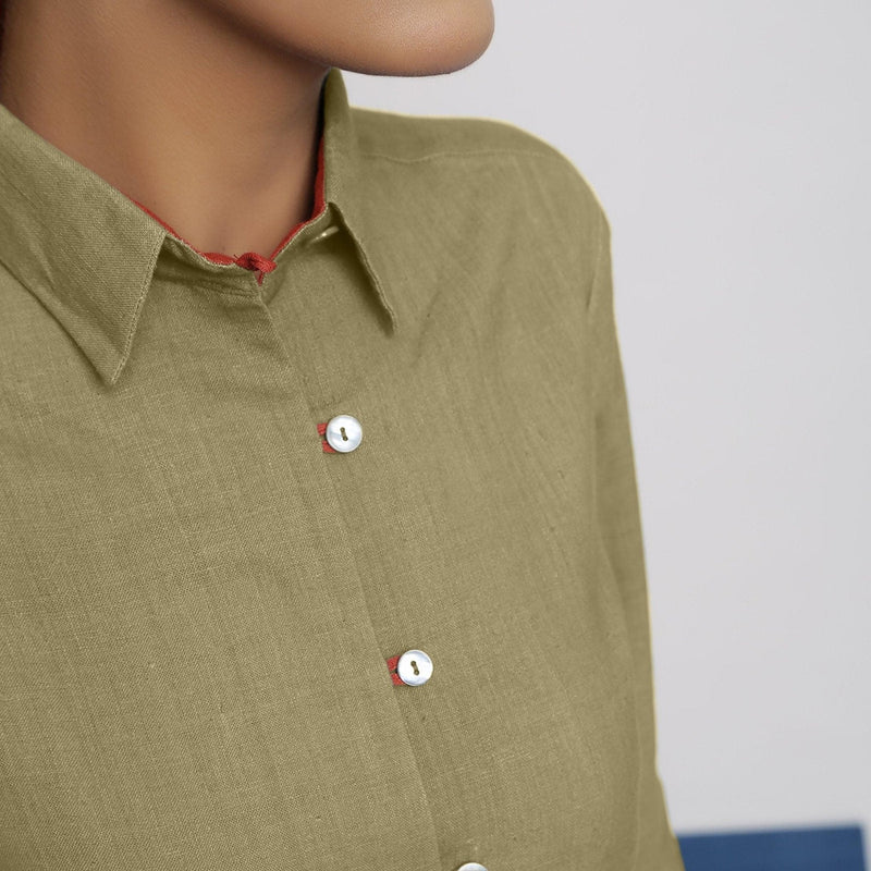 Front Detail of a Model wearing Green Vegetable Dyed 100% Cotton Button-Down Shirt