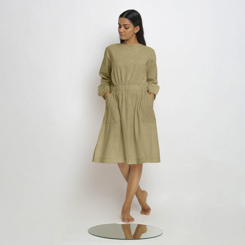 Front View of a Model wearing Vegetable-Dyed Green 100% Cotton Dress