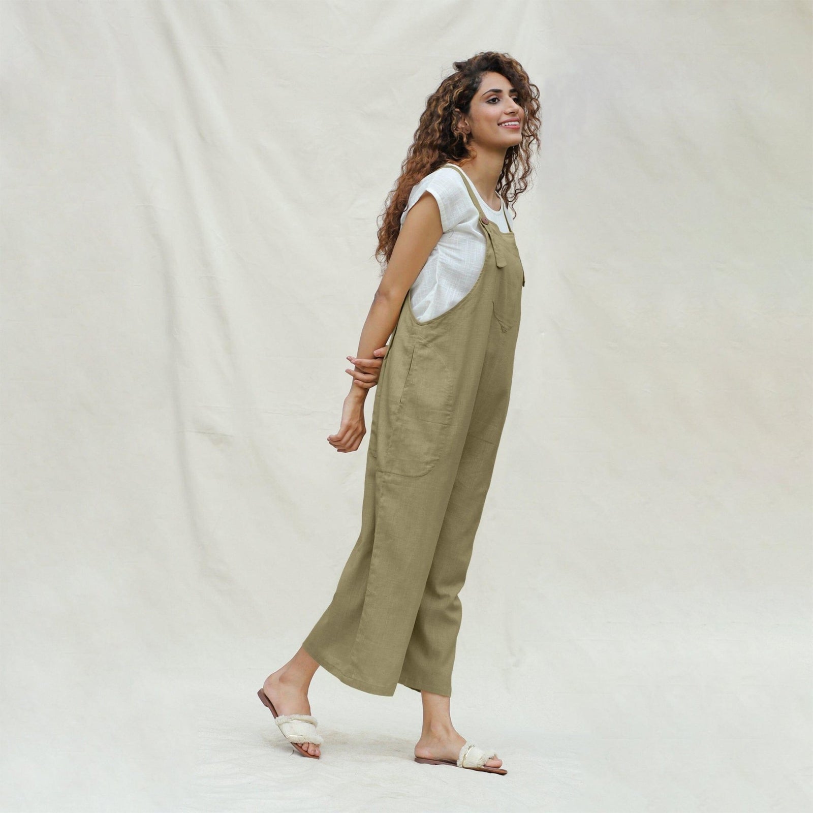 Buy Khakhi Green 100% Cotton Midi Dungaree Jumpsuit Online at 
