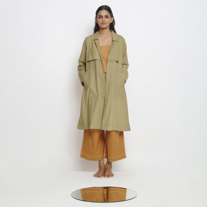 Front View of a Model wearing Vegetable-Dyed Khaki Green 100% Cotton Paneled Overlay