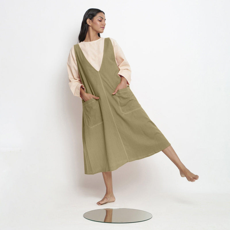 Front View of a Model wearing Khadi Green Handspun Cotton Deep Neck Shift Dress