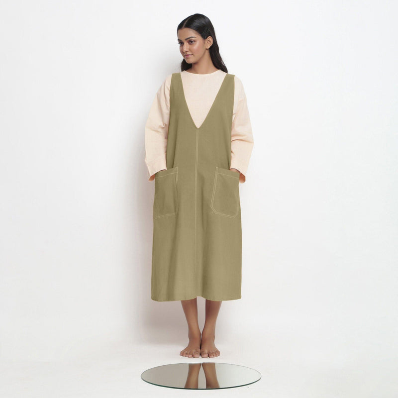 Front View of a Model wearing Khadi Green Handspun Cotton Deep Neck Shift Dress