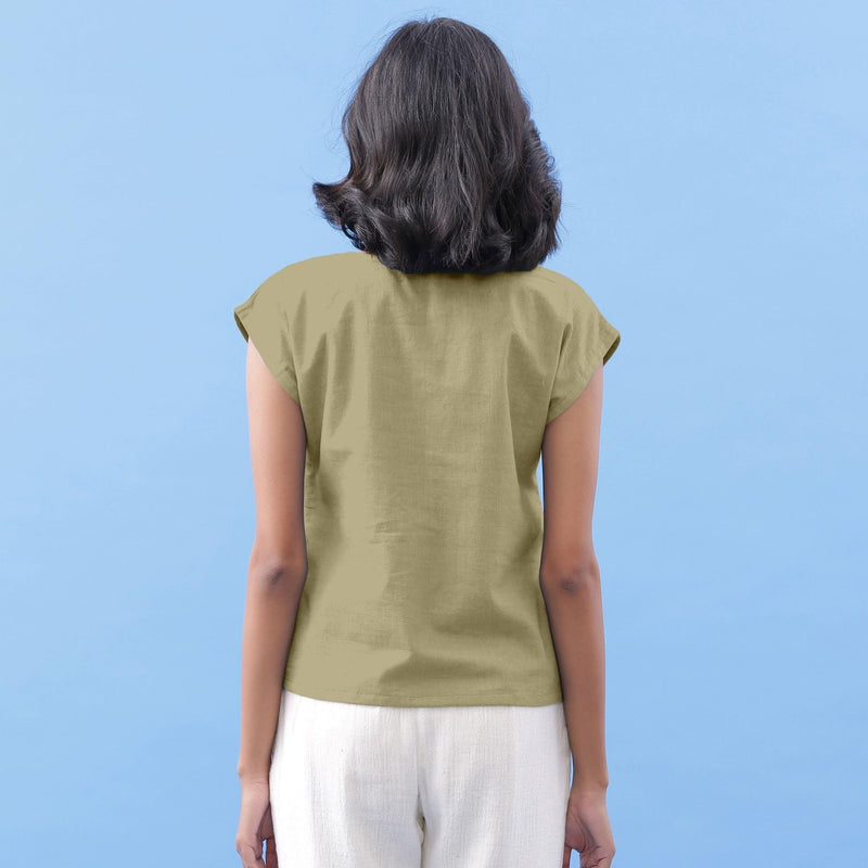 Back View of a Model wearing Khakhi Green Vegetable Dyed Handspun Cotton Essential Top