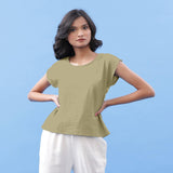 Front View of a Model wearing Khakhi Green Vegetable Dyed Handspun Cotton Essential Top