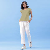 Front View of a Model wearing Khakhi Green Vegetable Dyed Handspun Cotton Essential Top