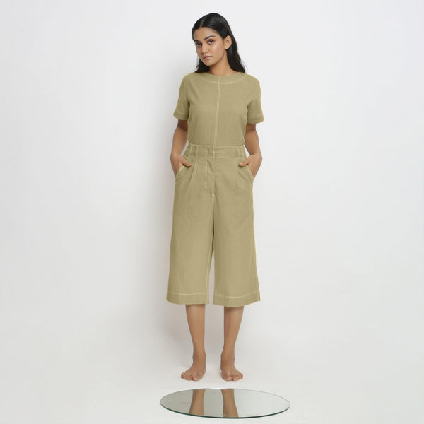 Front View of a Model wearing Green Cotton Top and Mid-Rise Culottes Set