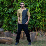 Khakhi Green and Black Color Block Handspun Cotton Half Sleeve Shirt