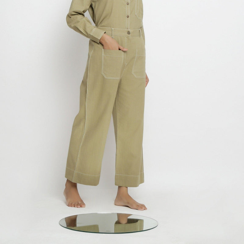 Right View of a Model wearing Khaki Green Patch Pocket Straight Fit Pant