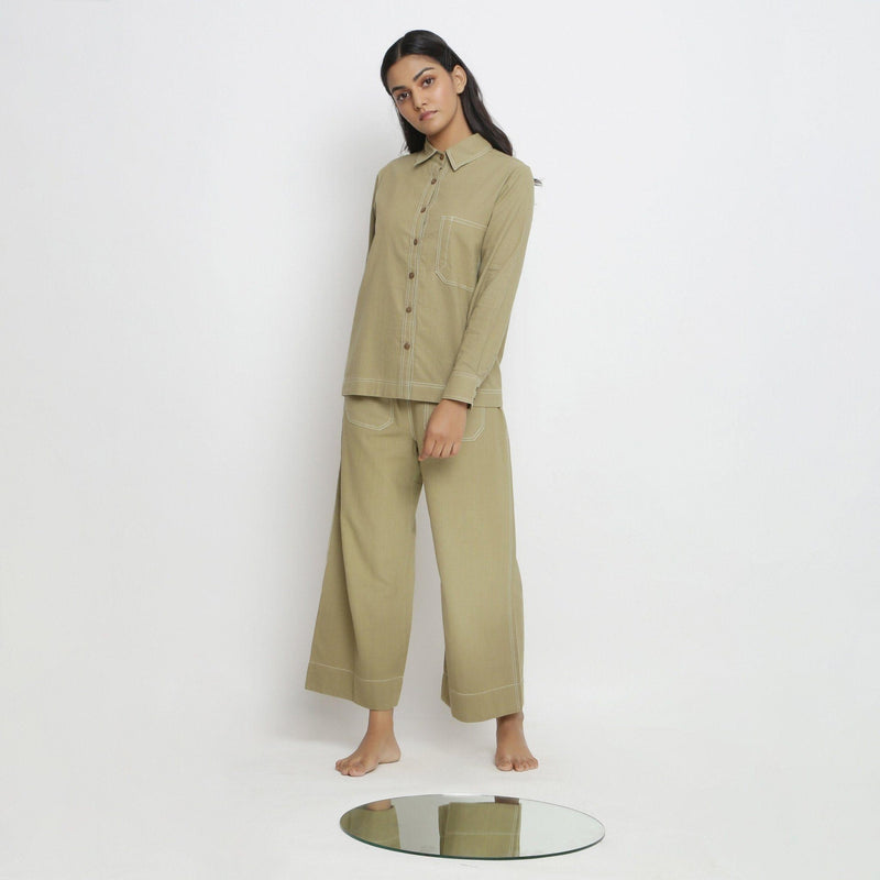 Front View of a Model wearing Vegetable Dyed Khaki Green Top and Pant Set