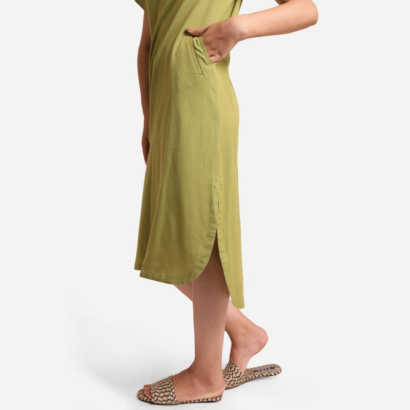 Left Detail of a Model wearing Khaki Green Cotton Flax High-Low Midi Dress