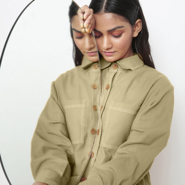 Front Detail of a Model wearing Green 100% Cotton Button-Down Outerwear