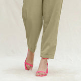 Khakhi Green Handspun Cotton High-Rise Elasticated Paperbag Pant