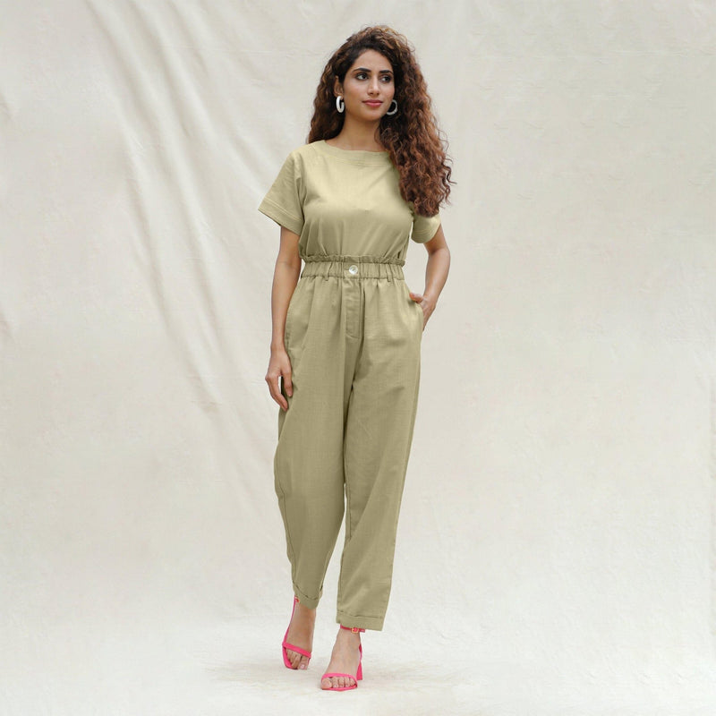 Khakhi Green Handspun Cotton High-Rise Elasticated Paperbag Pant