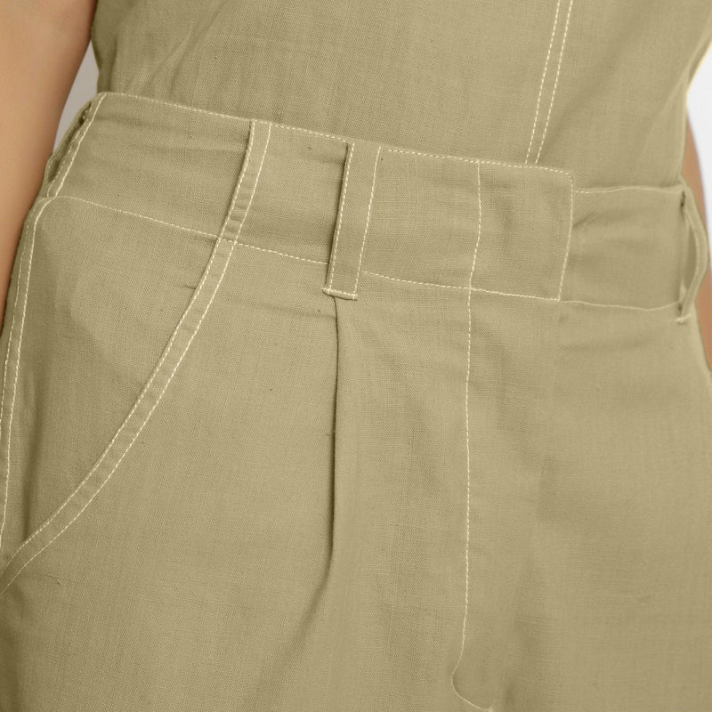 Front Detail of a Model wearing Mid-Rise Green Vegetable Dyed Cotton Culottes