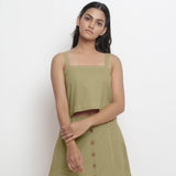 Front View of a Model wearing Vegetable-Dyed Green 100% Cotton Spaghetti Top