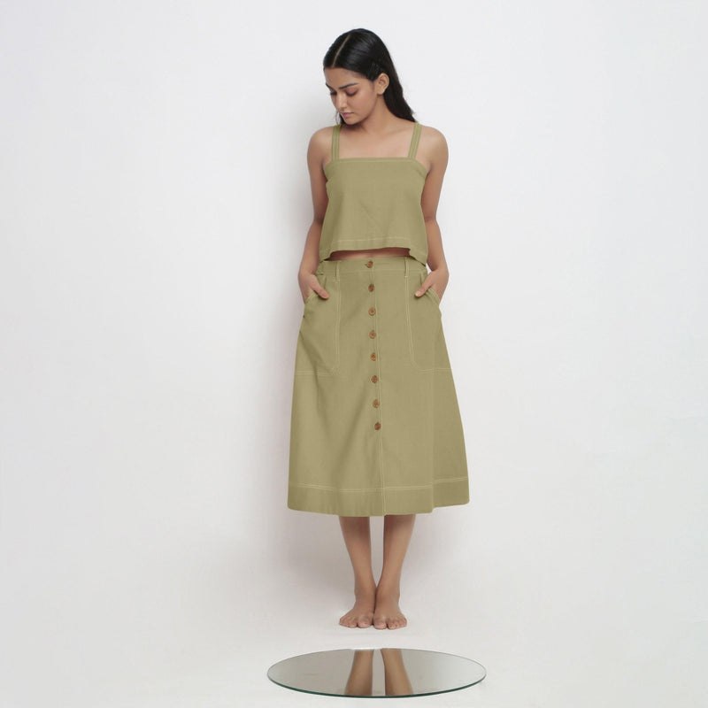 Front View of a Model wearing Green Spaghetti Top and Khaki Green Skirt Set