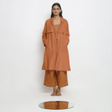 Front View of a Model wearing Vegetable-Dyed Khaki Orange 100% Cotton Paneled Overlay