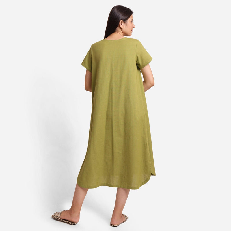 Back View of a Model wearing Khaki Green Cotton Welt Pocket Dress