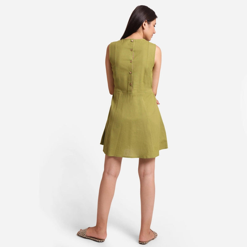 Back View of a Model wearing Khaki Green Patch Pocket Round Neck Dress