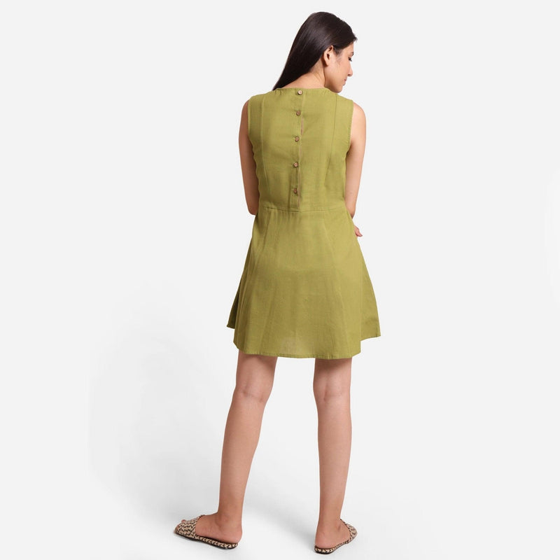 Back View of a Model wearing Khaki Green Cotton Flax Princess Line Short Dress