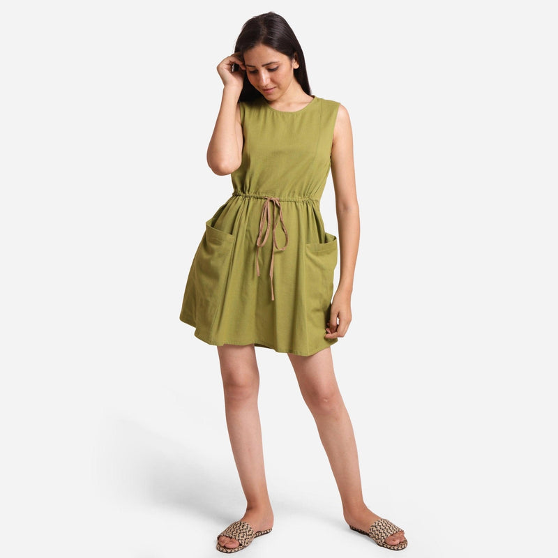 Front View of a Model wearing Khaki Green Cotton Flax Princess Line Short Dress