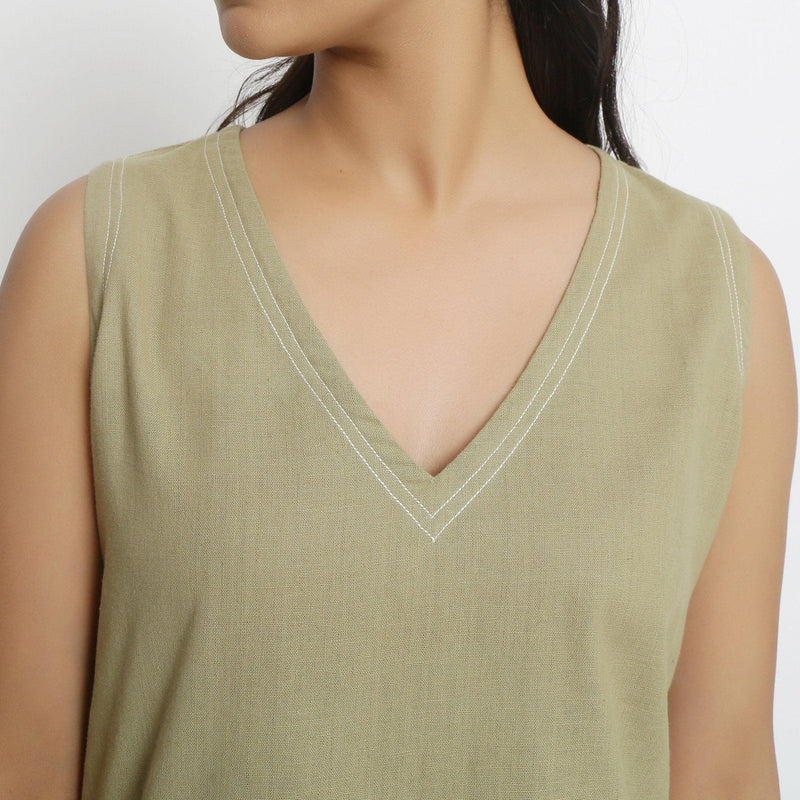 Front Detail of a Model wearing Khaki Handspun Vegetable Dyed Crop Top