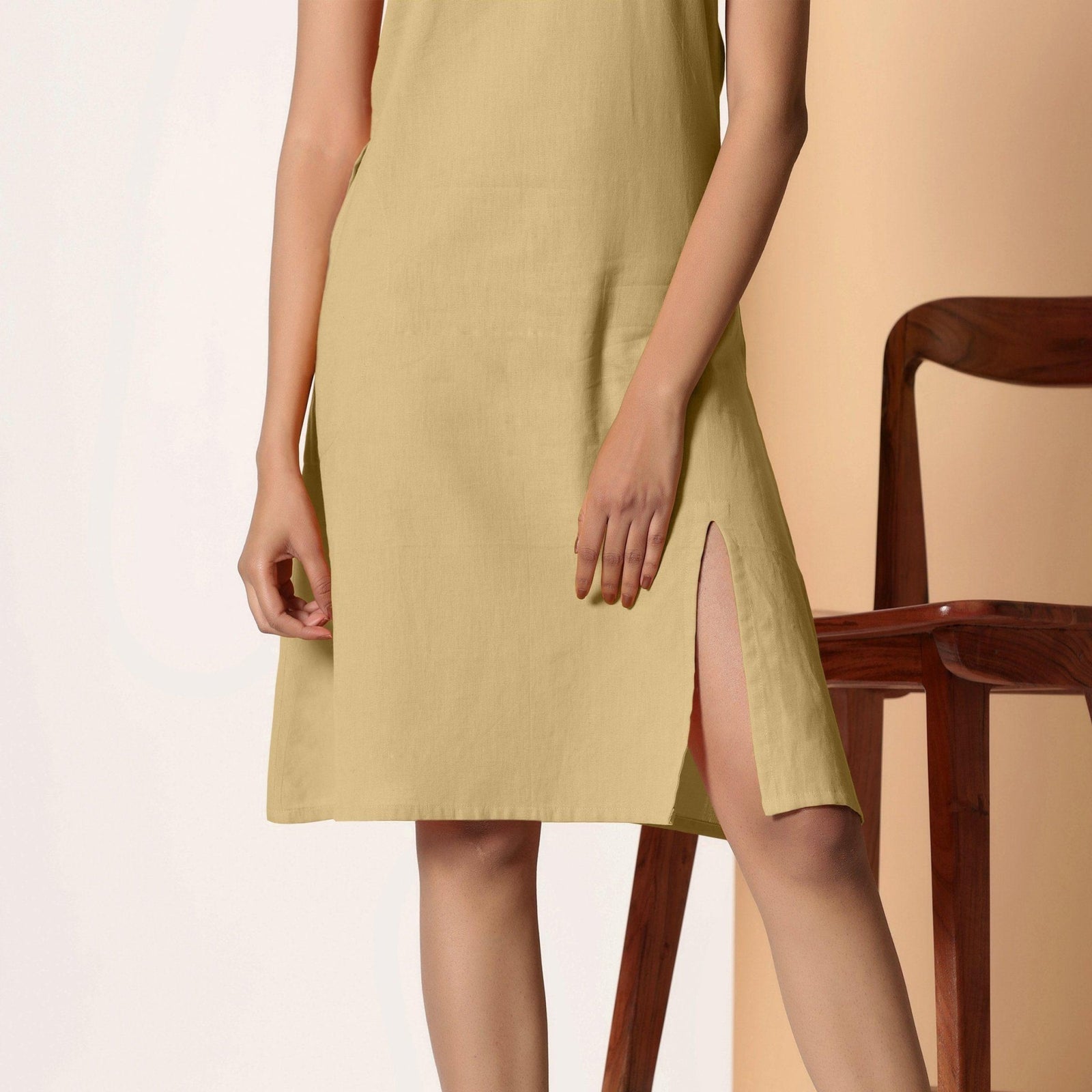 Buy Khaki Sage Cotton Flax Knee Length Strappy Slit Dress Online at  SeamsFriendly