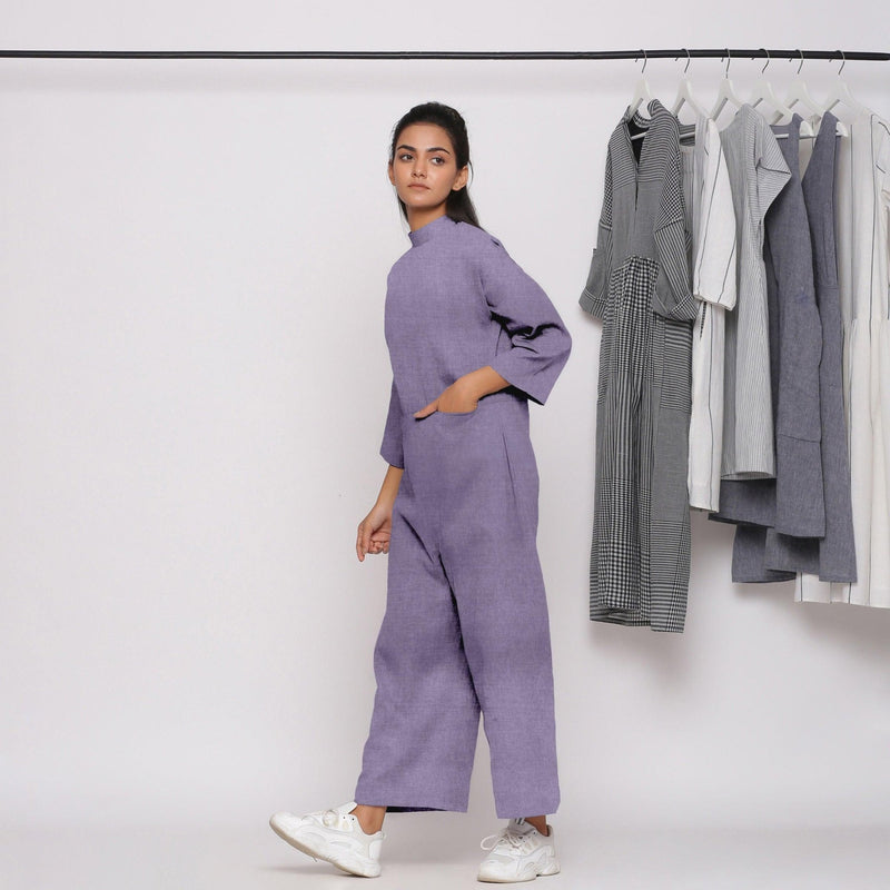 Left View of a Model wearing Lavender 100% Linen Comfort Fit High Neck Jumpsuit