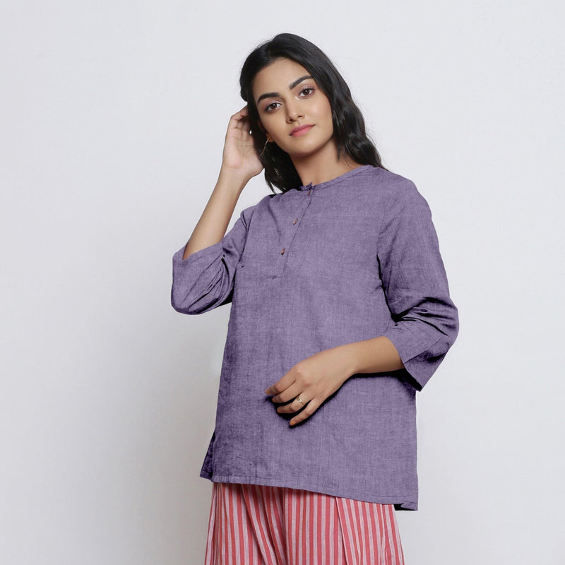 Front View of a Model wearing Lavender Comfort Fit A-Line Half Placket Linen Top