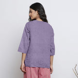 Back View of a Model wearing Lavender Comfort Fit A-Line Half Placket Linen Top