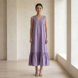 Lavender Cotton-Linen A-Line Deep Neck Sleeveless Maxi Tier Dress