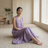 Lavender Cotton-Linen A-Line Deep Neck Sleeveless Maxi Tier Dress