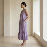 Lavender Cotton-Linen A-Line Deep Neck Sleeveless Maxi Tier Dress