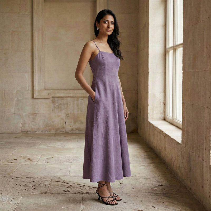 Lavender Cotton Linen Ankle Length Flared Sundress 28