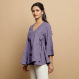 Lavender Cotton Linen Asymmetrical V-Neck Godet Top