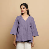 Lavender Cotton Linen Asymmetrical V-Neck Godet Top