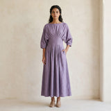 Lavender Cotton-Linen Cinched Waist Flared Maxi Dress