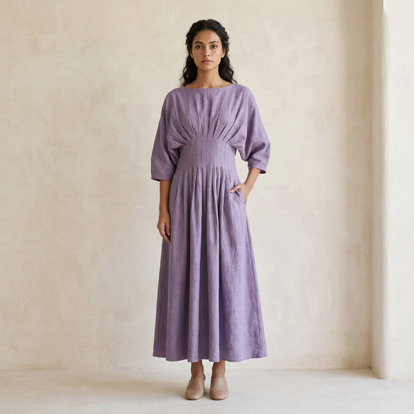 Lavender Cotton-Linen Cinched Waist Flared Maxi Dress 28