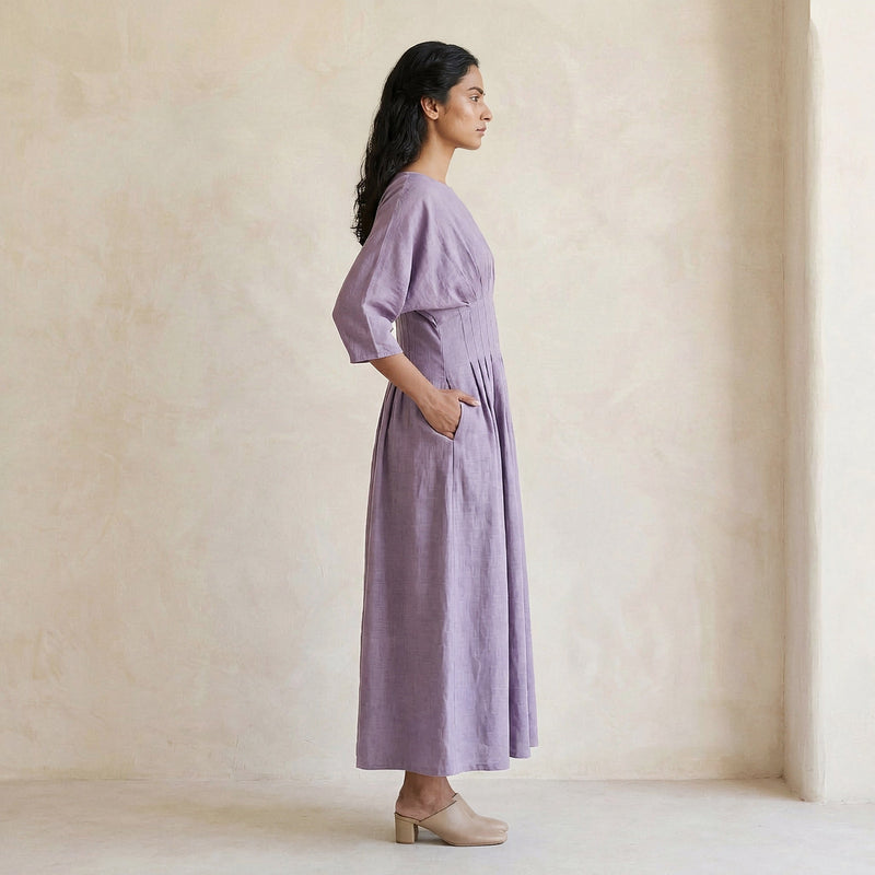 Lavender Cotton-Linen Cinched Waist Flared Maxi Dress 28
