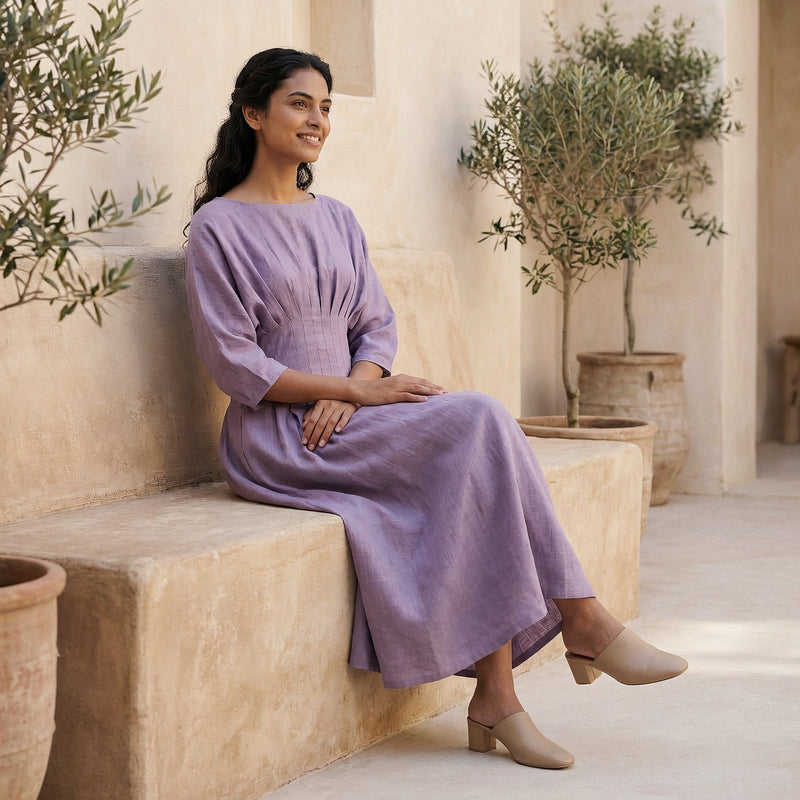 Buy Lavender Cotton-Linen Cinched Waist Flared Maxi Dress Online at SeamsFriendly Buy Lavender Cotton-Linen Cinched Waist Flared Maxi Dress Online at SeamsFriendly