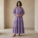 Lavender Cotton Linen Deep-V Maxi Tier Dress
